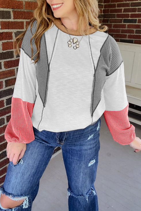 Waffle Patchwork Exposed Seam Balloon Sleeve Color Block Knit Top